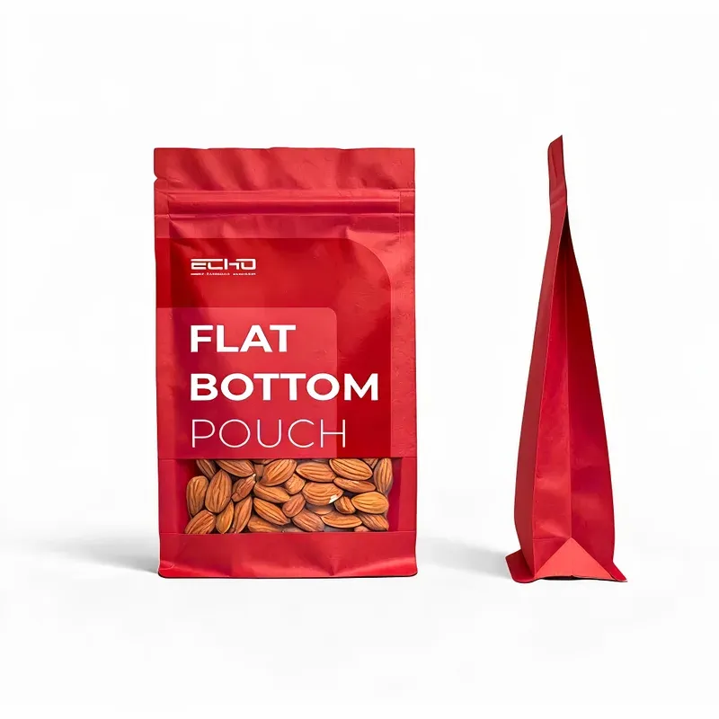 Flat bottom pouch packed on the MR10-202R, front and side view