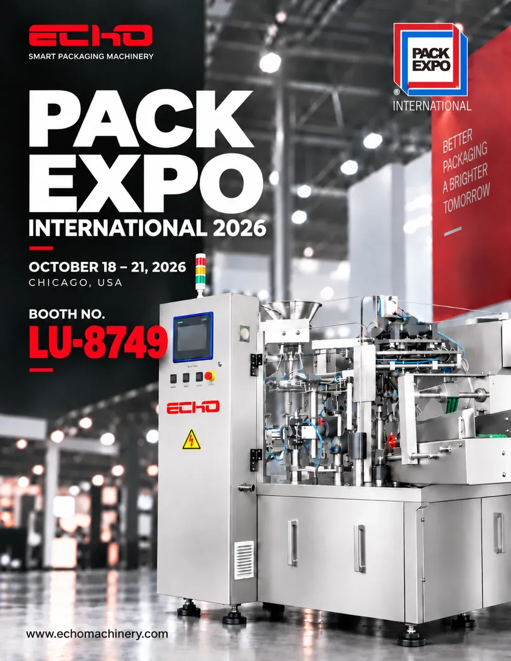 PACK EXPO International 2026 poster, Echo Machinery booth LU-8749